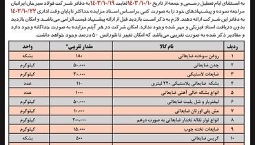 مزایده عمومی فروش تعدادی از ضایعات غیرتولیدی موجود در مجتمع معادن کنسانتره و گندله سازی شرکت فولاد سیرجان ایرانیان ( نوبت دوم )