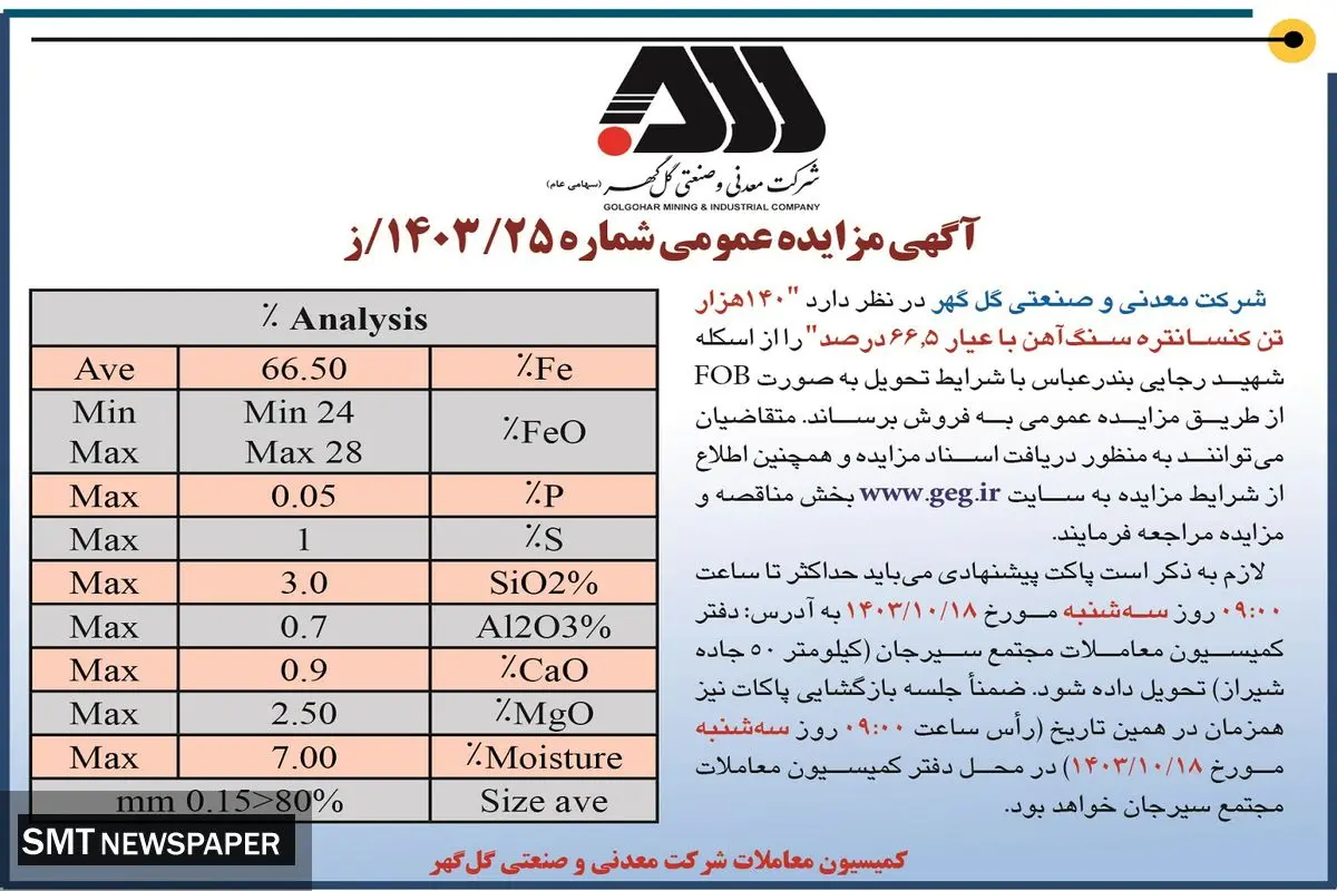مزایده عمومی فروش ۱۴۰ هزار تن کنسانتره سنگ آهن شرکت معدنی و صنعتی گل گهر