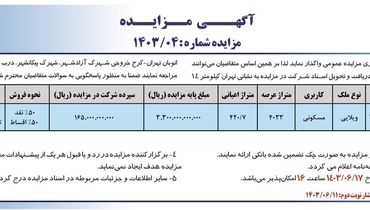 مزایده عمومی واگذاری املاک مازاد بر نیاز شرکت ایران خودرو (‌نوبت دوم)