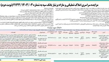 مزایده سراسری فروش املاک تملیکی و مازاد بر نیاز بانک سپه