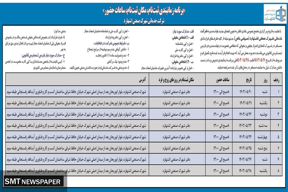 برنامه زمان بندی ثبت نام، مکان ثبت نام، ساعات حضور شهرک صنعتی اشتهارد