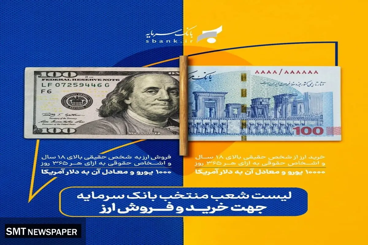 ارائه خدمات خرید و فروش ارز در شعب منتخب بانک سرمایه
