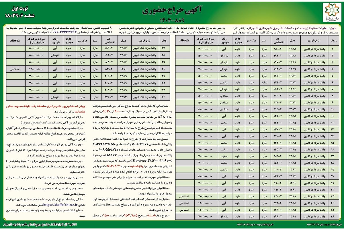 حراج حضوری فروش خودروهای فرسوده مزدا دوکابین و تک کابین شهرداری شیراز (‌نوبت اول )