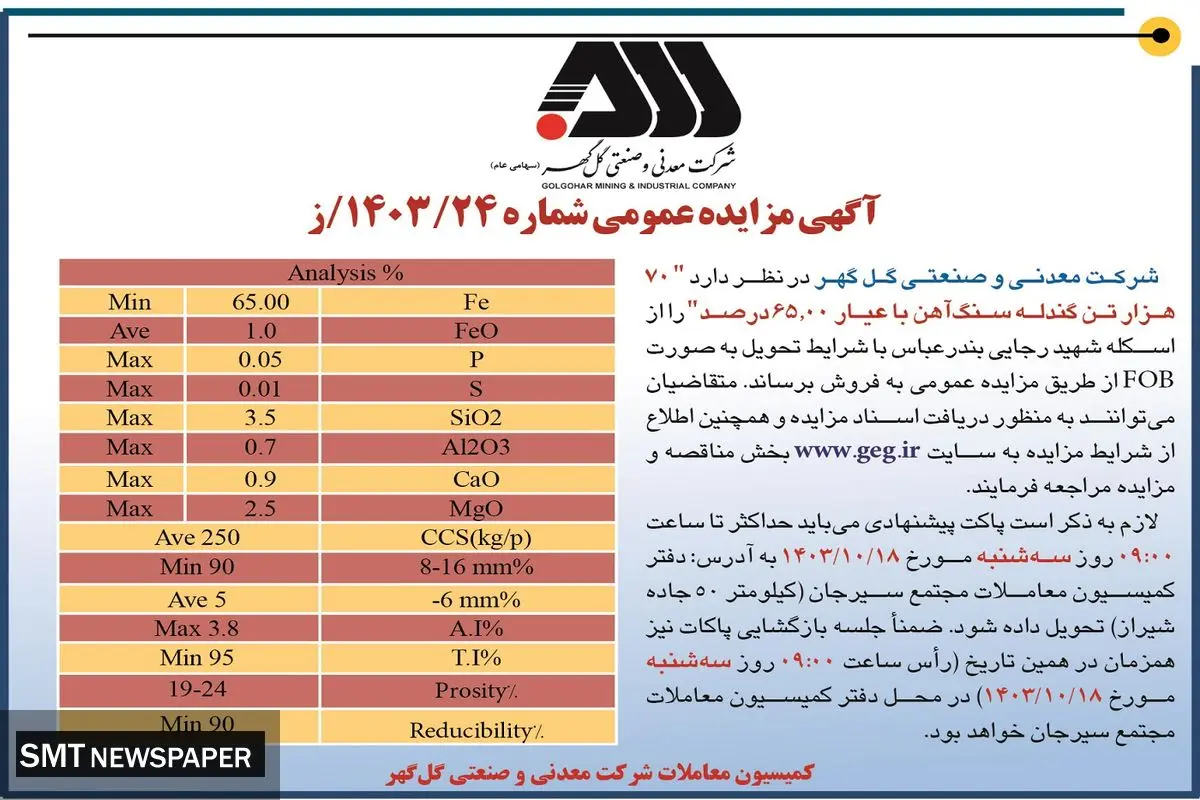 مزایده عمومی فروش ۷۰ هزار تن گندله سنگ آهن شرکت معدنی و صنعتی گل گهر