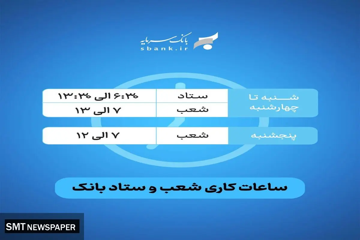 اعلام ساعت کاری بانک سرمایه از روز شنبه 26 اردیبهشت 1405

