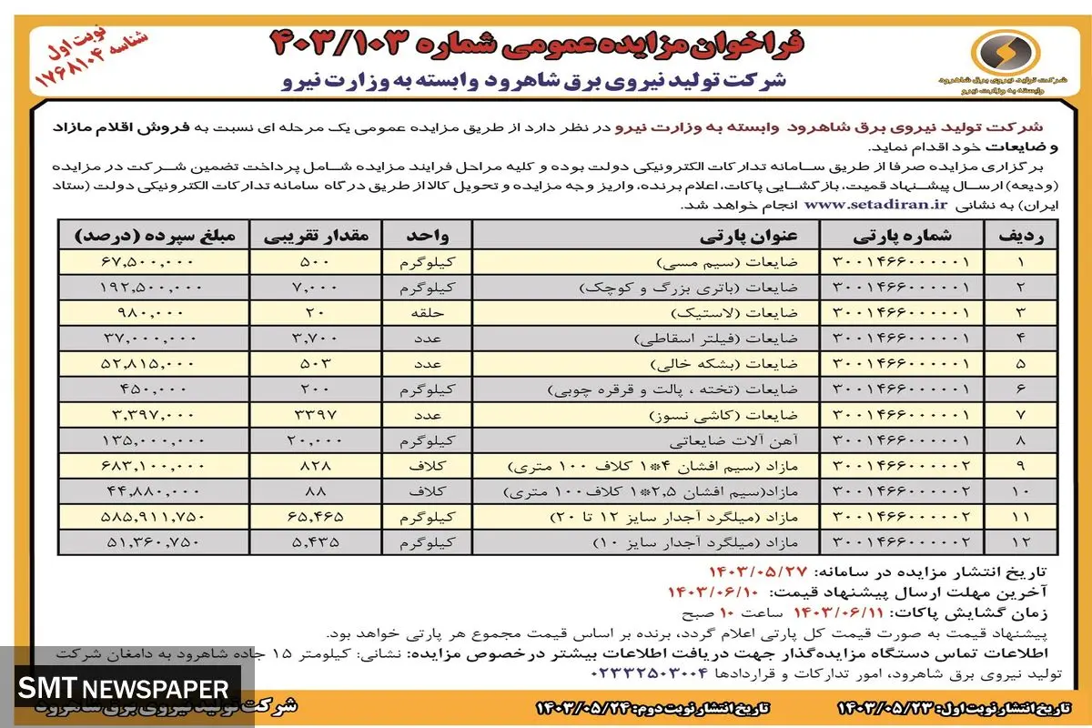 مزایده عمومی فروش اقلام مازاد و ضایعات شرکت تولید نیروی برق شاهرود 