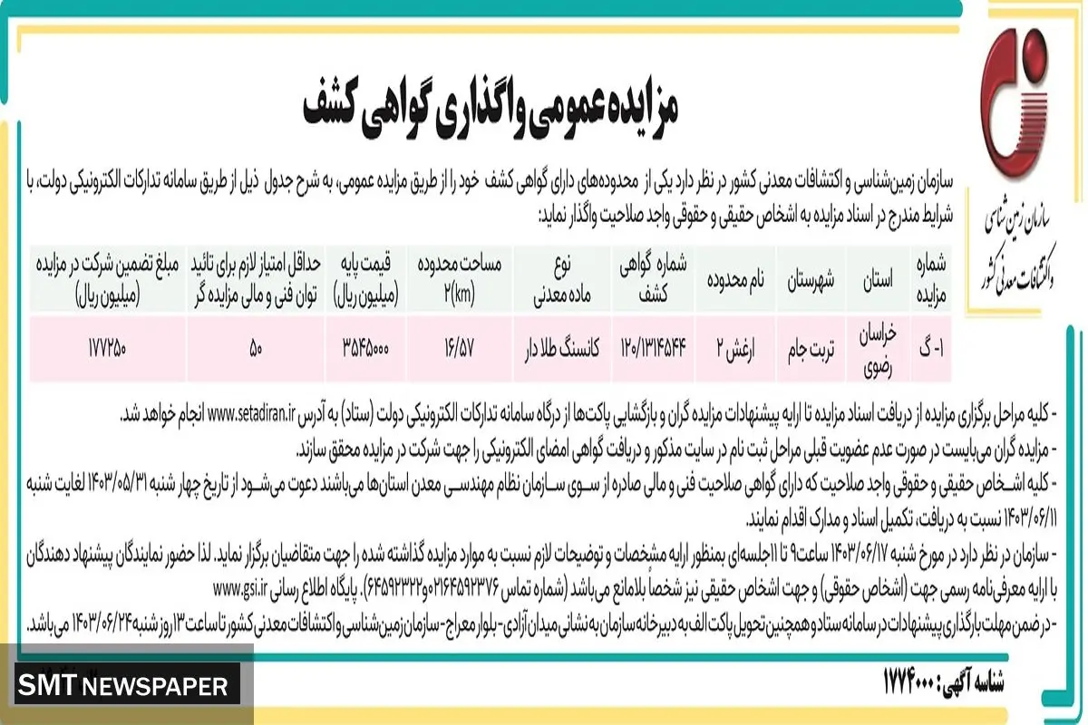 مزایده عمومی واگذاری گواهی کشف سازمان زمین شناسی و اکتشاف معدنی کشور