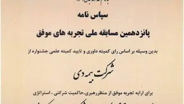 دریافت لوح سپاس برای «تدوین سند استراتژی بیمه دی» در جشنواره ملی بهره‌وری

