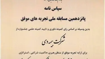 دریافت لوح سپاس برای «تدوین سند استراتژی بیمه دی» در جشنواره ملی بهره‌وری
