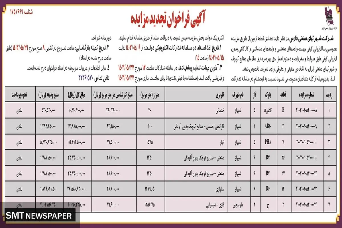 فراخوان تجدید مزایده شرکت شهرکهای صنعتی فارس