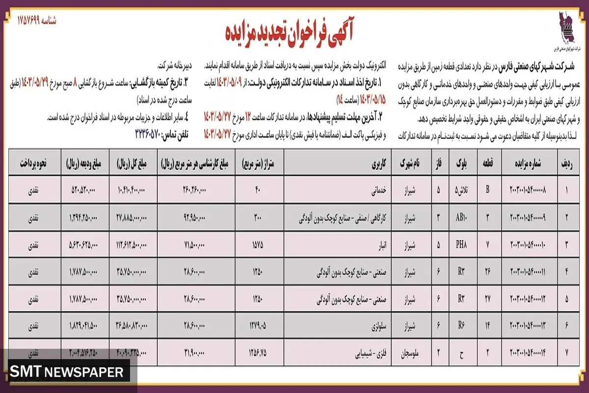 فراخوان تجدید مزایده شرکت شهرکهای صنعتی فارس