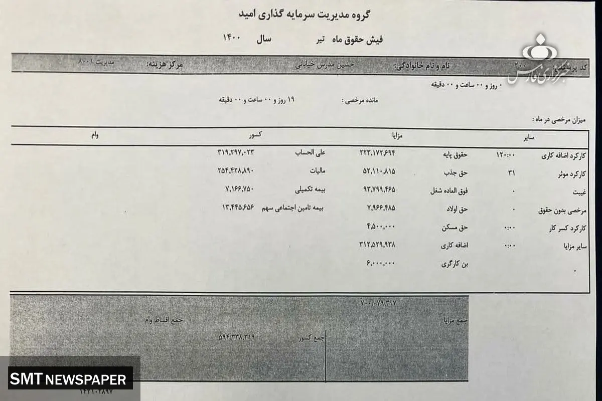فیش حقوقی سرپرست سابق وزارت صمت افشا شد