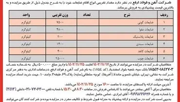 مزایده عمومی فروش اقلام ضایعات شرکت آهن و فولاد ارفع
