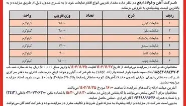 مزایده عمومی فروش اقلام ضایعات شرکت آهن و فولاد ارفع