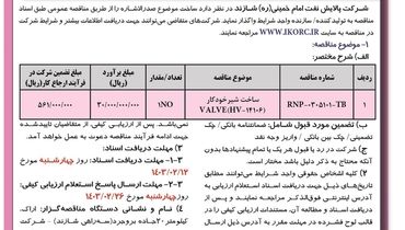 مناقصه عمومی یک مرحله ای ساخت شیر خودکار  VALVE شرکت پالایش نفت امام خمینی شازند