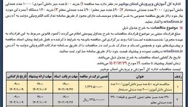 فراخوان عمومی مناقصه یک مرحله ای خرید 500 عدد میز دانش آموزی، 490 عدد میز معلم و خرید 120 دستگاه آبسردکن اداره کل آموزش و پرورش استان بوشهر