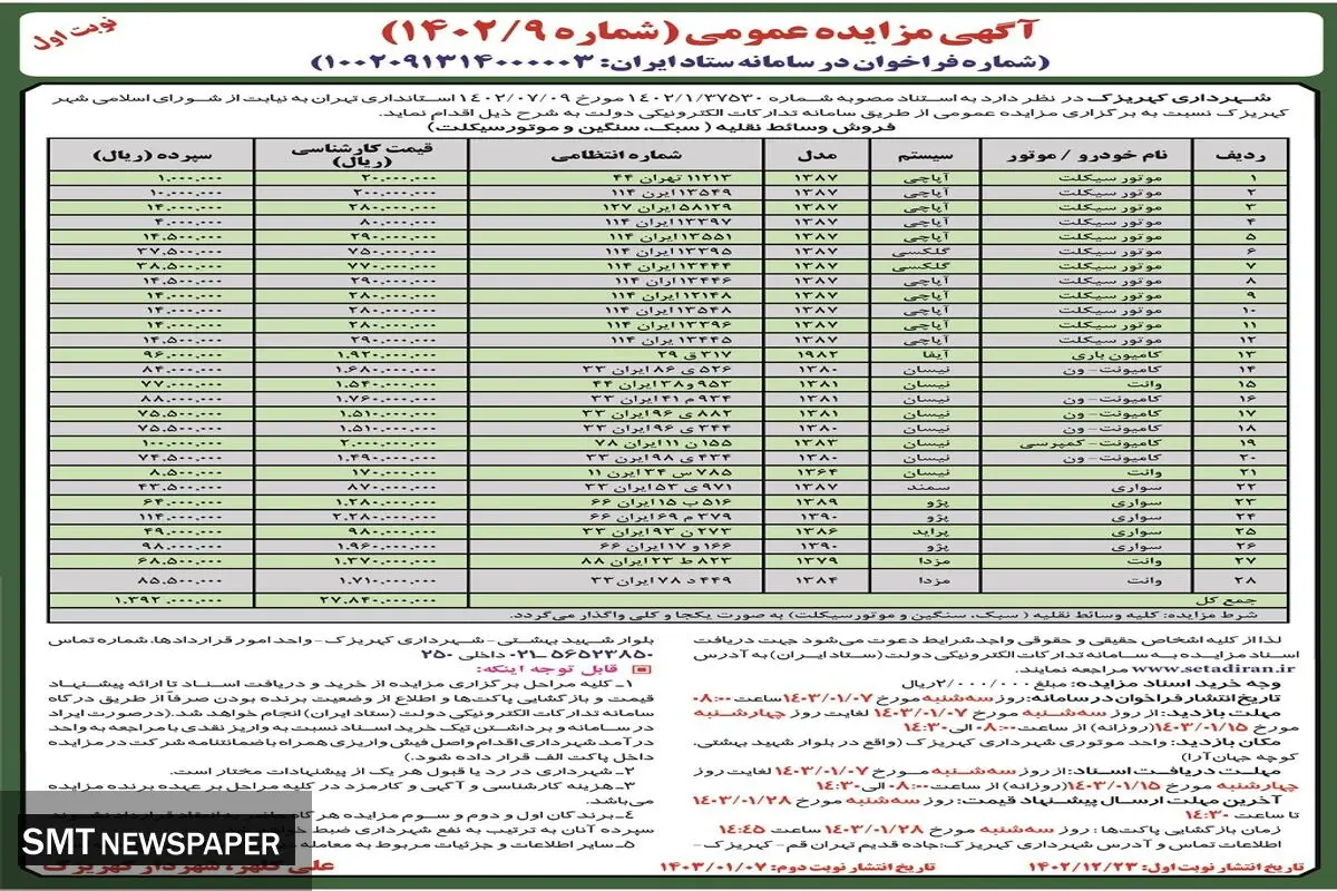 مزایده عمومی فروش وسائظ نقلیه شهرداری کهریزک