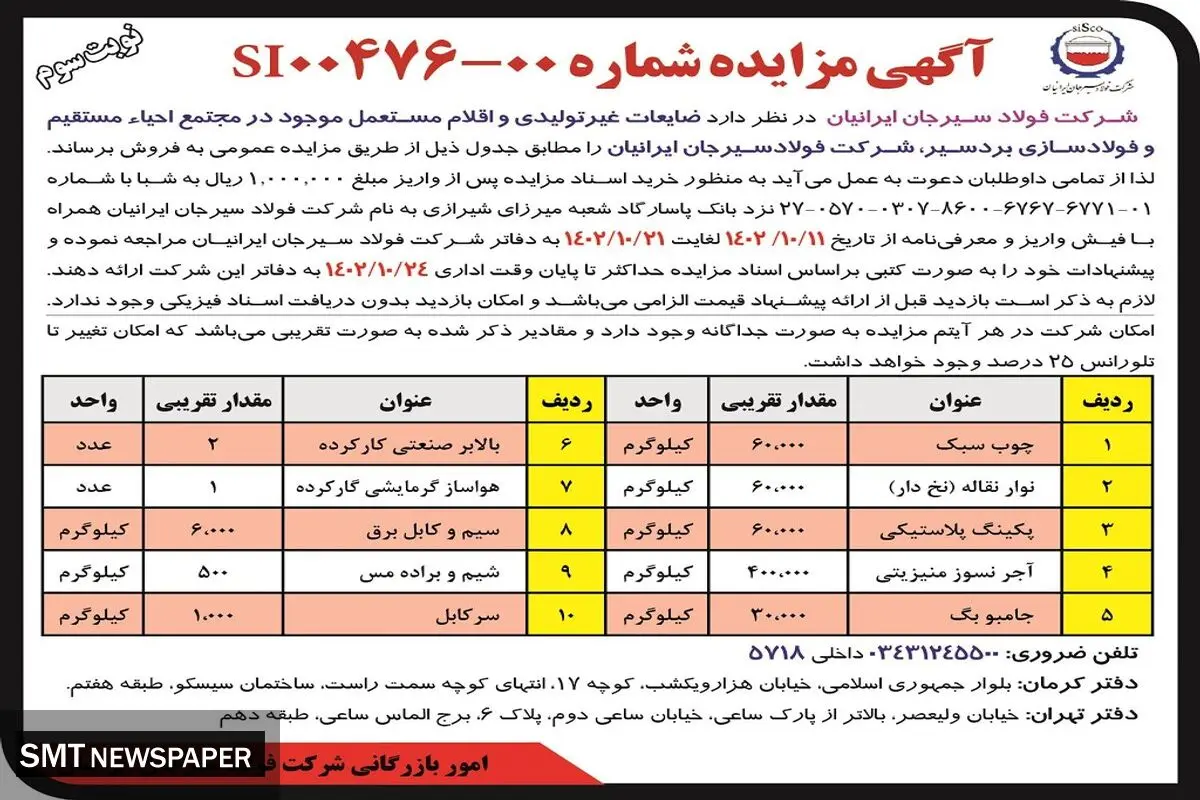 مزایده عمومی شرکت فولاد سیرجان ایرانیان جهت فروش ضایعات غیرتولیدی و اقلام مستعمل موجود در مجتمع احیاء مستقیم و فولادسازی بردسیر