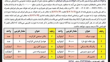 مزایده عمومی شرکت فولاد سیرجان ایرانیان جهت فروش ضایعات غیرتولیدی و اقلام مستعمل موجود در مجتمع احیاء مستقیم و فولادسازی بردسیر