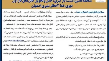 مناقصه سازمان قطار شهری اصفهان و حومه جهت تامین، تست، بارگیری، حمل و تحویل کابل های فاز اول دپوی خط 2 قطار شهری اصفهان