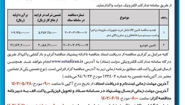 تجدید مناقصه عمومی تامین کالا، اجرا و نصب سیستم سردخانه های زیر صفر اداره کل راه و شهرسازی استان تهران