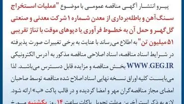 عملیات استخراج سنگ آهن و باطله برداری از معدن شماره 1 با تناژ تقریبی 51 میلیون تن شرکت معدنی و صنعتی گل گهر