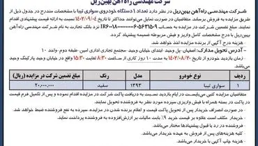 مزایده فروش یک دستگاه خودرو سواری تیبا شرکت مهندسی راه آهن بهین ریل