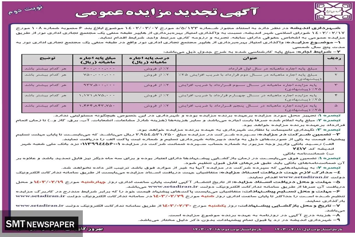 تجدید مزایده عمومی واگذاری امتیاز بهره برداری از هایپر مجتمع اداری تجاری نور