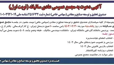 دعوت به مجمع عمومی عادی سالیانه صندوق تحقیق و توسعه صنایع و معادن