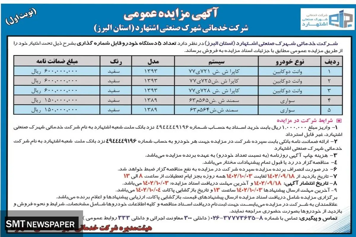 مزایده عمومی فروش تعداد 5 دستگاه خودرو قابل شماره گذاری شرکت خدمات شهرک صنعتی اشتهارد