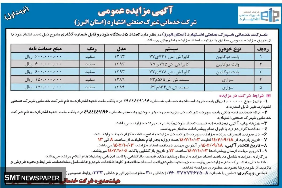 مزایده عمومی فروش تعداد 5 دستگاه خودرو قابل شماره گذاری شرکت خدمات شهرک صنعتی اشتهارد