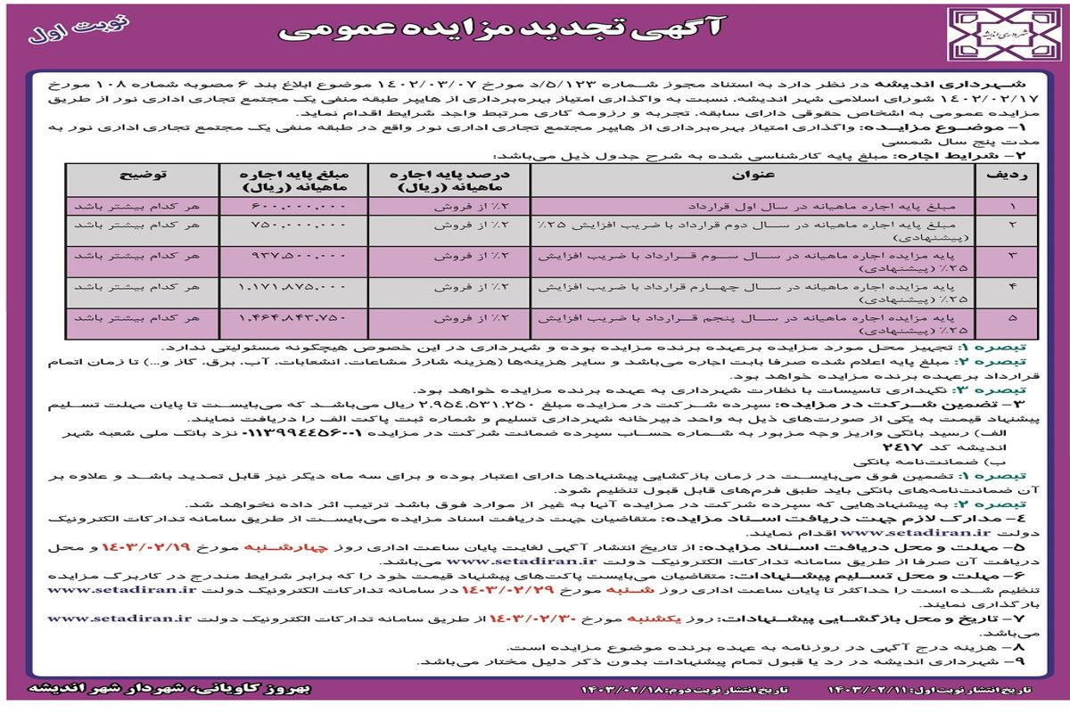 تجدید مزایده عمومی واگذاری امتیاز بهره برداری از هایپر مجتمع اداری تجاری نور شهرداری اندیشه