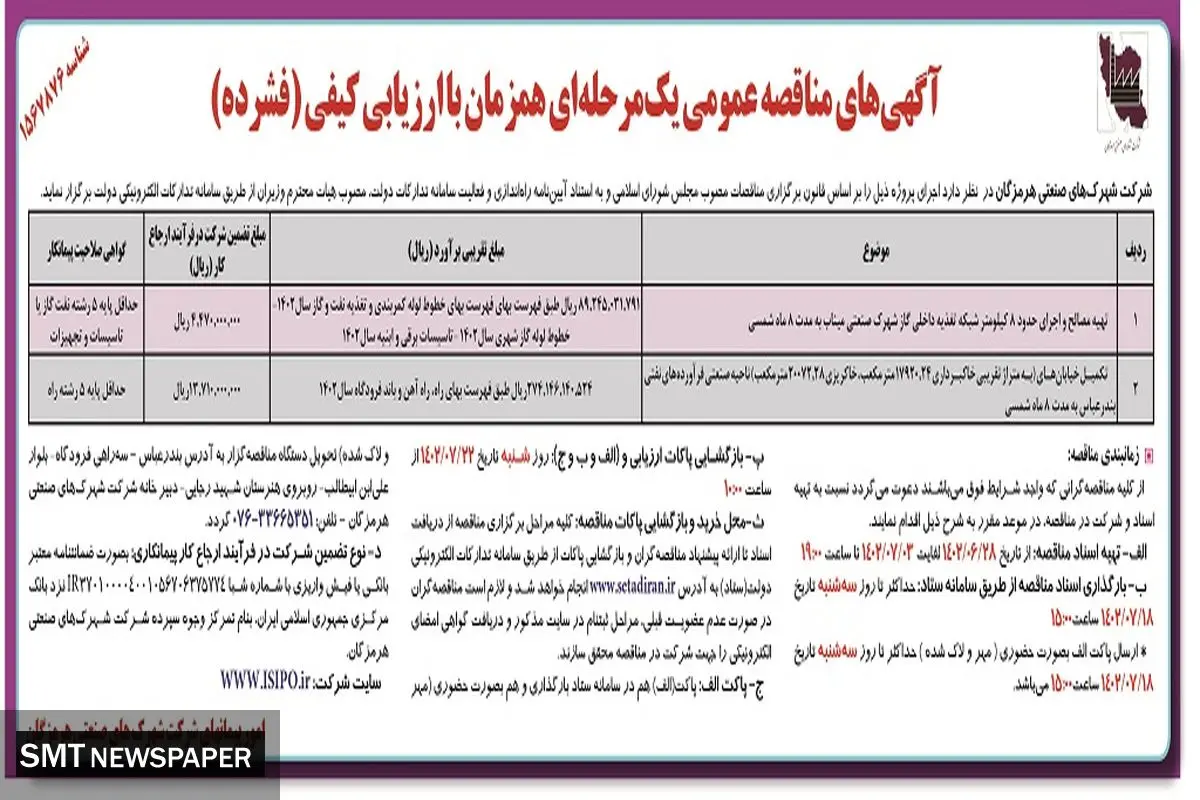 مناقصه عمومی شرکت شهرکهای صنعتی هرمزگان تهیه مصالح و اجرای حدود 8 کیلومتر شبکه تغذیه داخلی گاز شهرک صنعتی میناب
