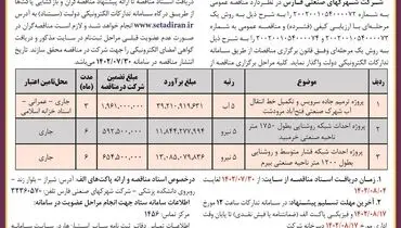 مناقصه عمومی شرکت شهرکهای صنعتی فارس جهت ترمیم جاده سرویس و تکمیل خط انتقال آب شهرک صنعتی فتح آباد مرودشت