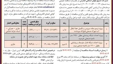 مناقصه عمومی شرکت شهرکهای صنعتی فارس جهت ترمیم جاده سرویس و تکمیل خط انتقال آب شهرک صنعتی فتح آباد مرودشت