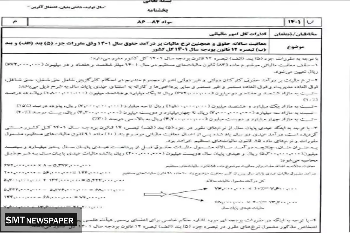 مالیات حقوق و دستمزد سال ۱۴۰۱ اعلام شد