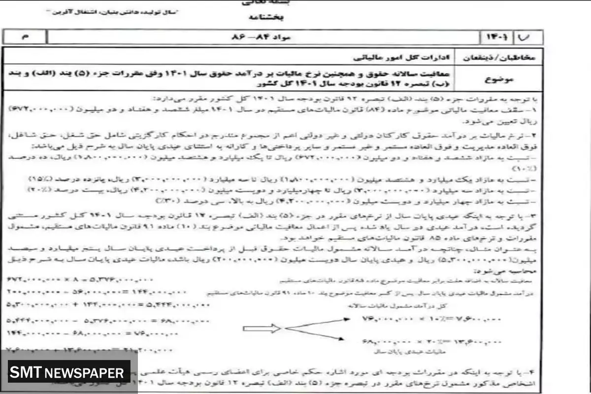 مالیات حقوق و دستمزد سال ۱۴۰۱ اعلام شد