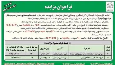 مزایده عمومی اداره کل میراث فرهنگی خراسان رضوی غرفه های صنایع دستی ، شهرستان نیشابور ( خیام)