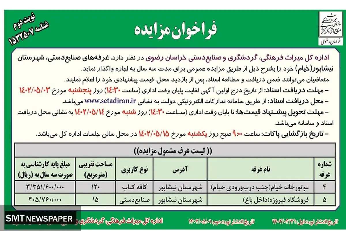 مزایده عمومی اداره کل میراث فرهنگی خراسان رضوی غرفه های صنایع دستی ، شهرستان نیشابور ( خیام)