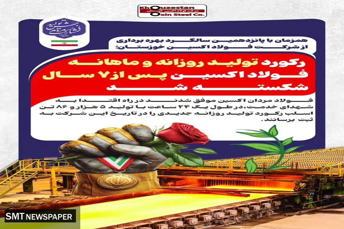 رکورد تولید روزانه و ماهانه فولاد اکسین پس از ۷ سال شکسته شد