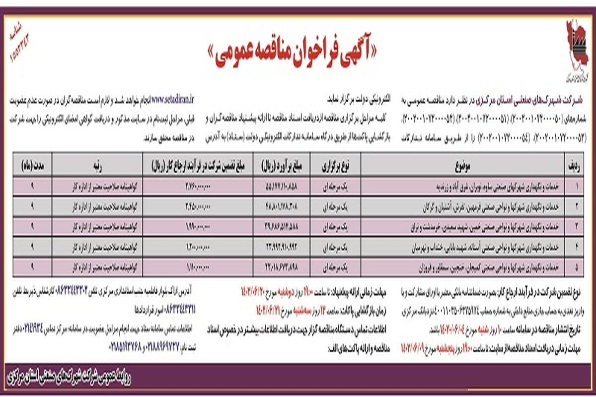 مناقصه عمومی شرکت شهرکهای صنعتی استان مرکزی