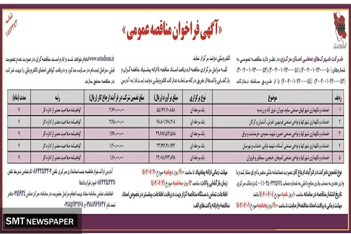 مناقصه عمومی شرکت شهرکهای صنعتی استان مرکزی