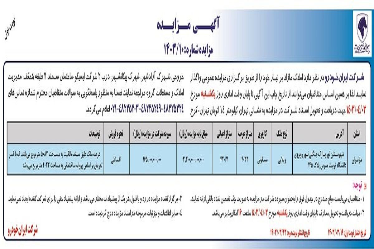 مزایده عمومی واگذاری املاک مازاد بر نیاز شرکت ایران خودرو