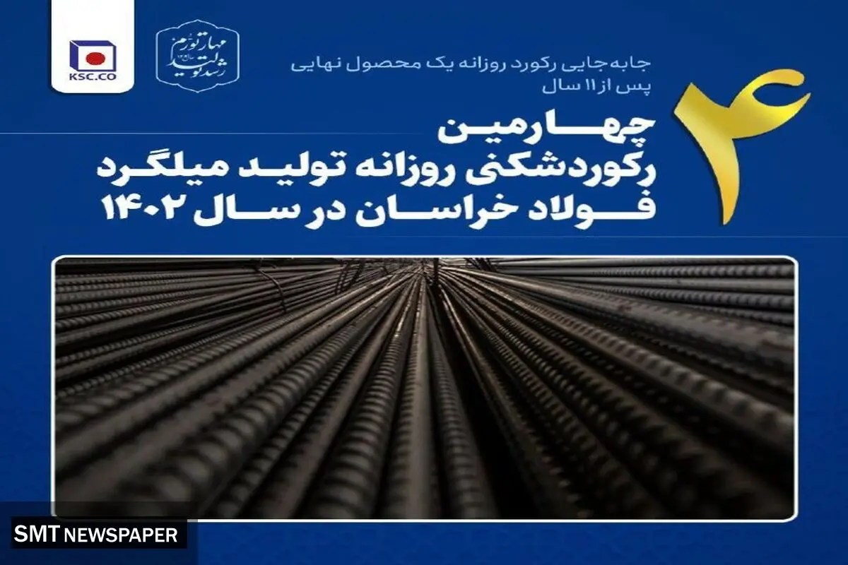 چهارمین رکوردشکنی روزانه تولید میلگرد فولاد خراسان در سال ۱۴۰۲