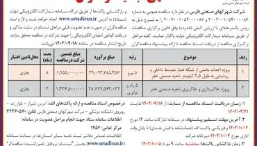 آگهی تجدید فراخوان مناقصه عمومی شرکت شهرکهای صنعتی فارس واگذاری پروژه احداث بخشی از شبکه فشار متوسط داخلی ناحیه صنعتی خفر