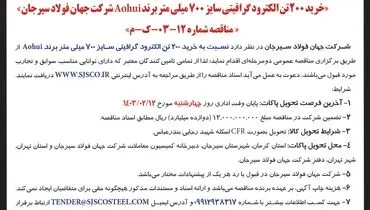 مناقصه عمومی دو مرحله ای خرید 200 تن الکترود گرافیتی سایز 700 میلی متر برند Aohui شرکت جهان فولاد سیرجان