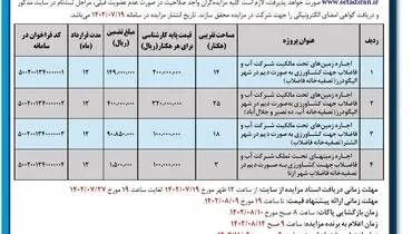 مزایده عمومی شرکت آب و فاضلاب استان لرستان جهت اجاره زمین های تحت مالکیت شرکت آب و فاضلاب جهت کشاورزی