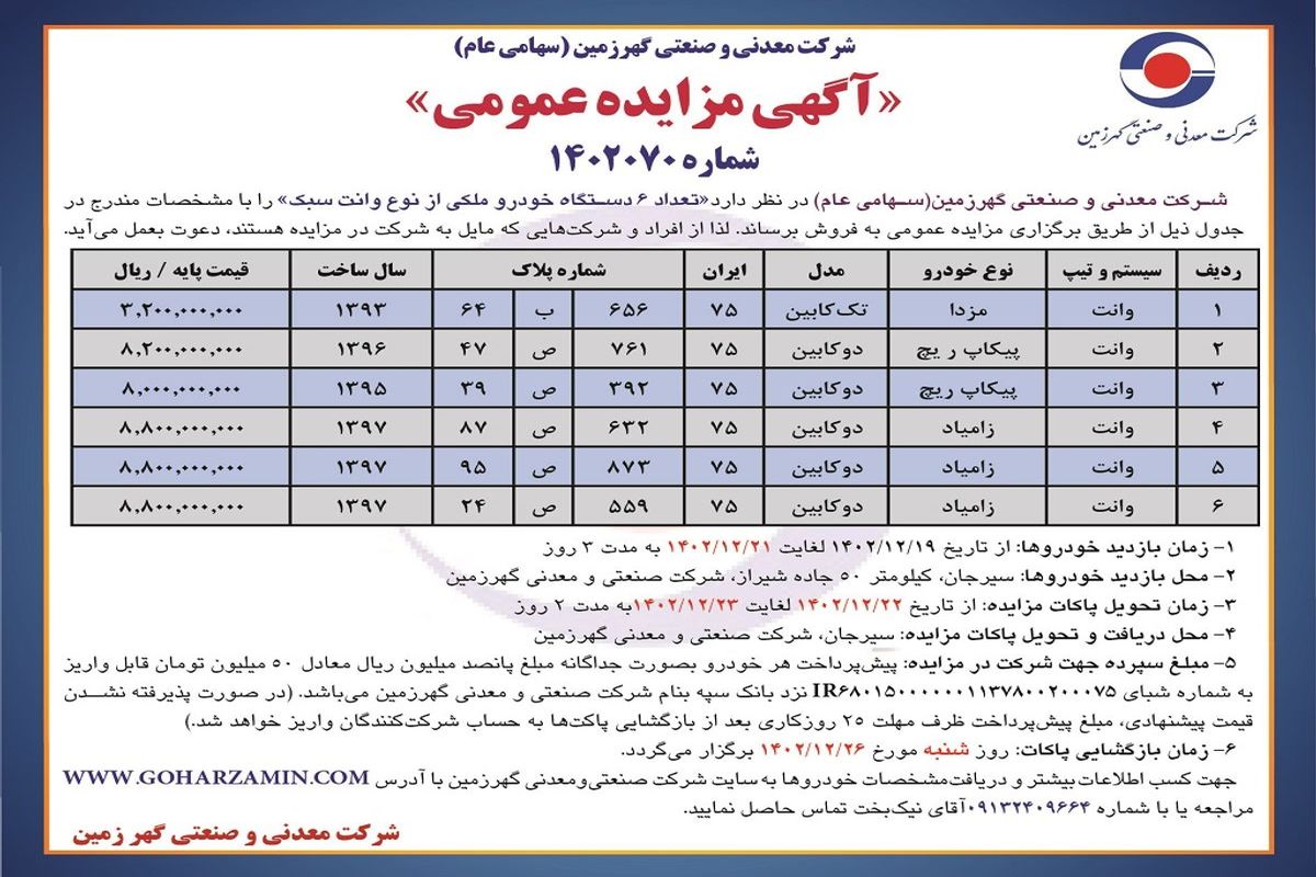 مزایده عمومی فروش 6دستگاه خودروی ملکی از نوع وانت سبک شرکت معدنی و صنعتی گهرزمین