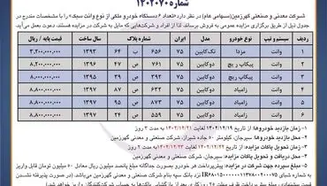 مزایده عمومی فروش 6دستگاه خودروی ملکی از نوع وانت سبک شرکت معدنی و صنعتی گهرزمین