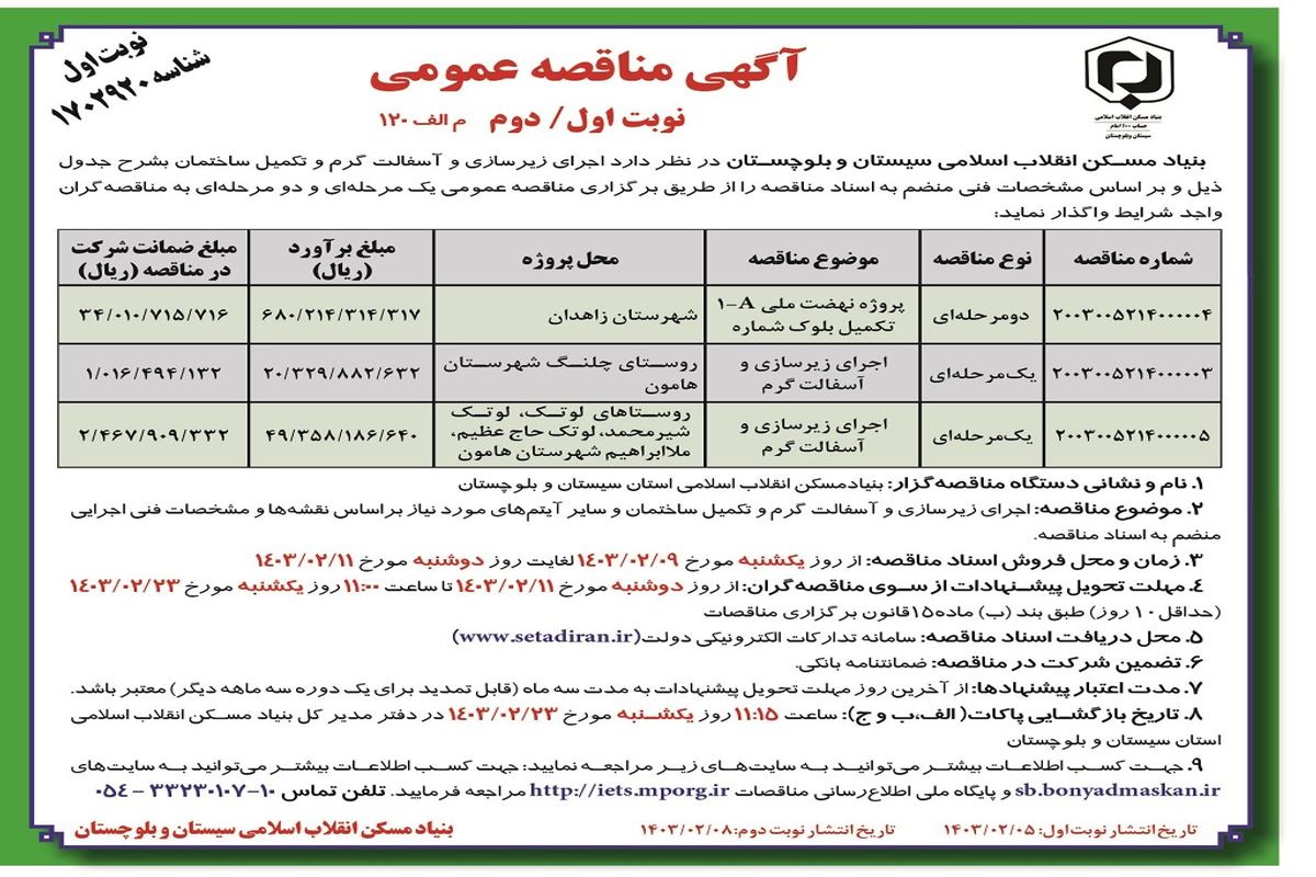 مناقصه عمومی اجرای زیرسازی و آسفالت گرم بنیاد مسکن انقلاب اسلامی سیستان و بلوچستان